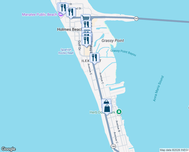 map of restaurants, bars, coffee shops, grocery stores, and more near 2918 Gulf Drive in Holmes Beach