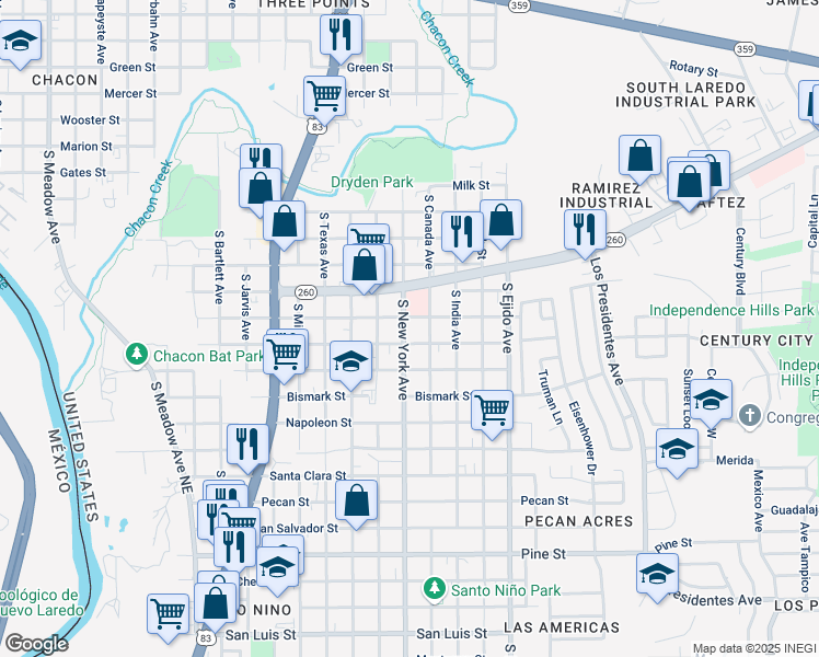 map of restaurants, bars, coffee shops, grocery stores, and more near 2820 Ligarde Street in Laredo