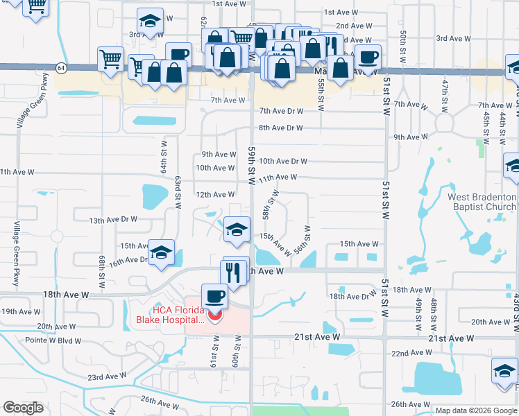 map of restaurants, bars, coffee shops, grocery stores, and more near 1238 58th Street West in Bradenton
