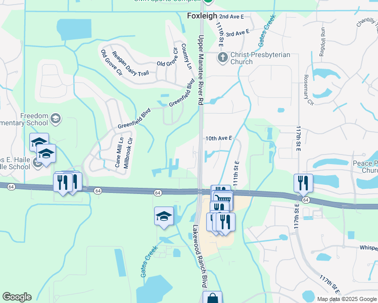 map of restaurants, bars, coffee shops, grocery stores, and more near 1130 Upper Manatee River Road in Bradenton