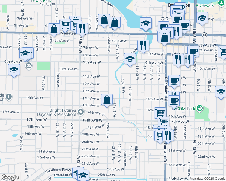 map of restaurants, bars, coffee shops, grocery stores, and more near 2103 12th Avenue West in Bradenton