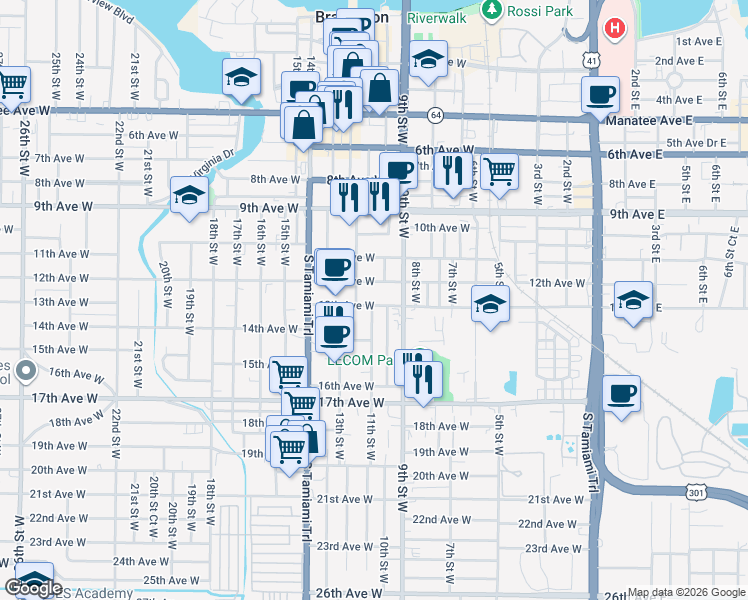 map of restaurants, bars, coffee shops, grocery stores, and more near 1014 13th Avenue West in Bradenton