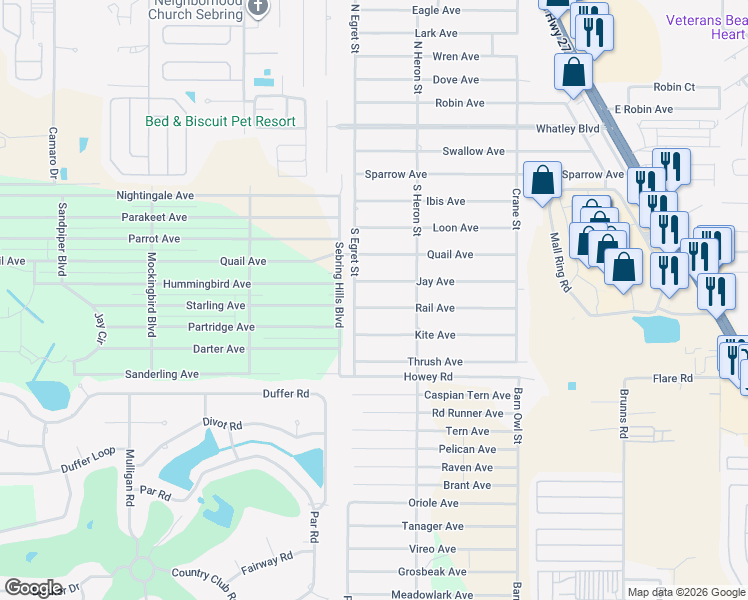 map of restaurants, bars, coffee shops, grocery stores, and more near 314 Jay Ave in Sebring