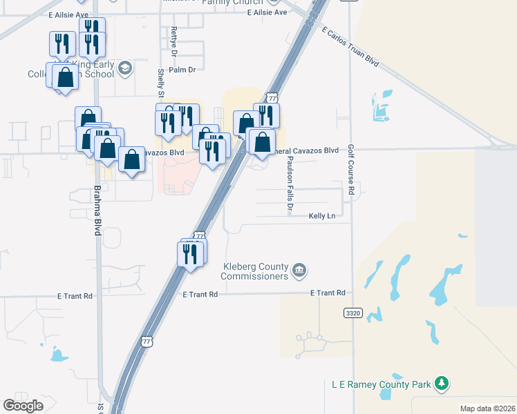 map of restaurants, bars, coffee shops, grocery stores, and more near 1601 Margaret Lane in Kingsville