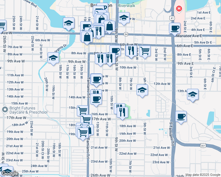 map of restaurants, bars, coffee shops, grocery stores, and more near 917 12th Avenue West in Bradenton