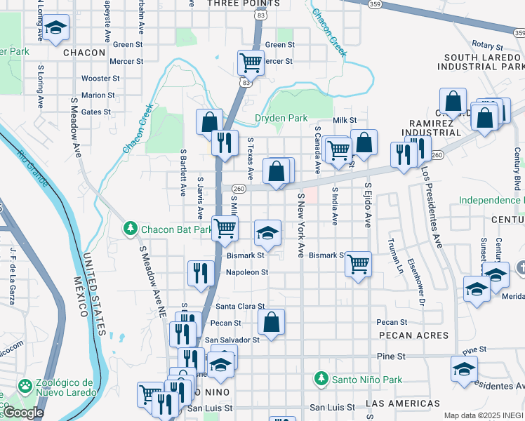 map of restaurants, bars, coffee shops, grocery stores, and more near 2602 Ligarde Street in Laredo