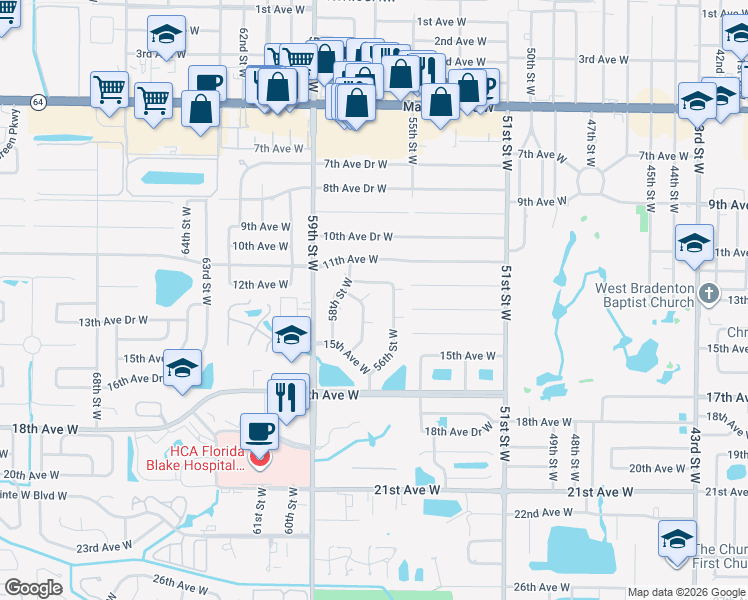 map of restaurants, bars, coffee shops, grocery stores, and more near 1307 57th Street West in Bradenton