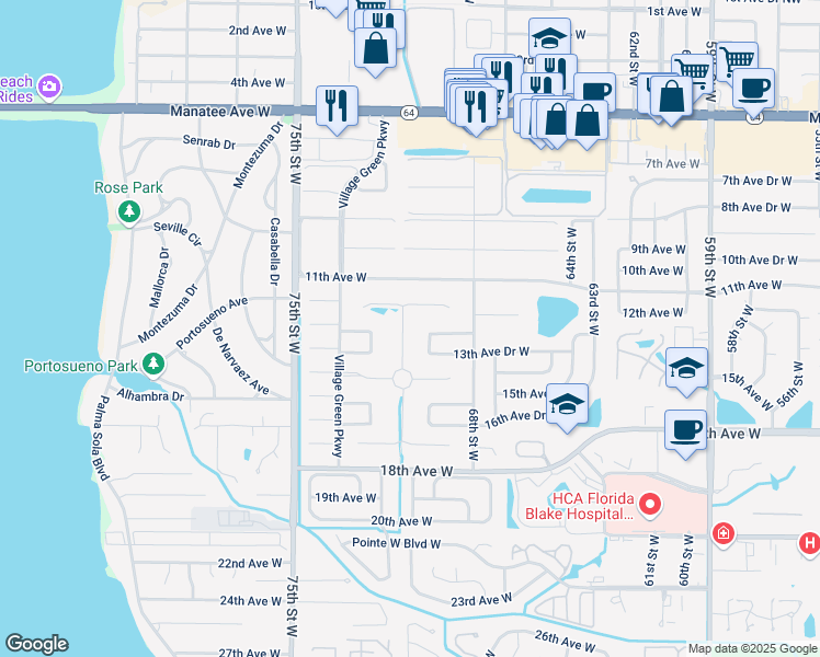 map of restaurants, bars, coffee shops, grocery stores, and more near 7005 Playa Bella Drive in Bradenton