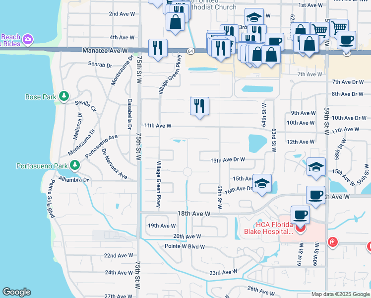 map of restaurants, bars, coffee shops, grocery stores, and more near 7005 Playa Bella Drive in Bradenton