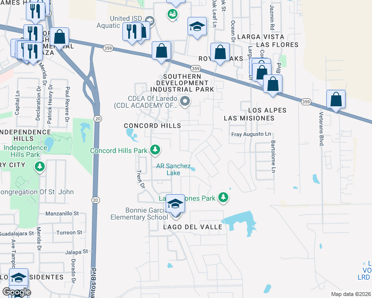 map of restaurants, bars, coffee shops, grocery stores, and more near 928 Birney Drive in Laredo