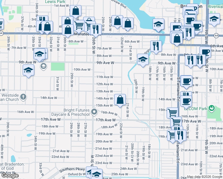 map of restaurants, bars, coffee shops, grocery stores, and more near 2401 12th Avenue West in Bradenton