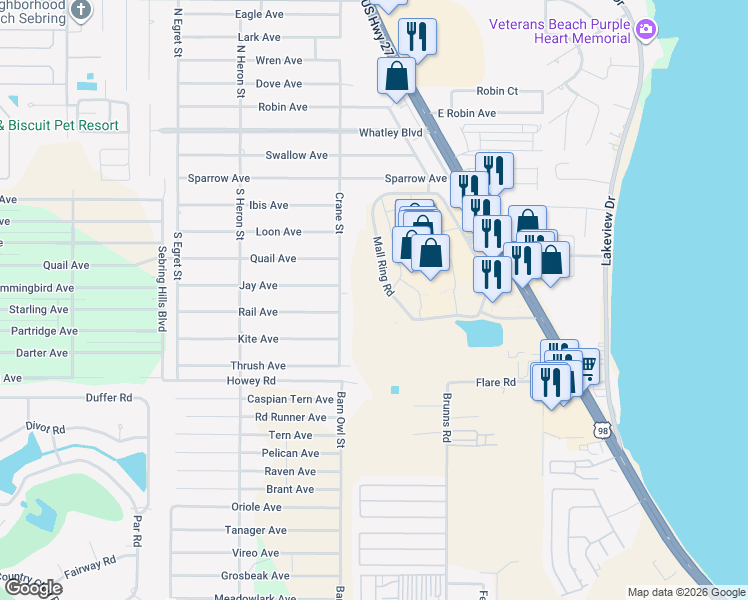 map of restaurants, bars, coffee shops, grocery stores, and more near 839 US Highway 27 North in Sebring