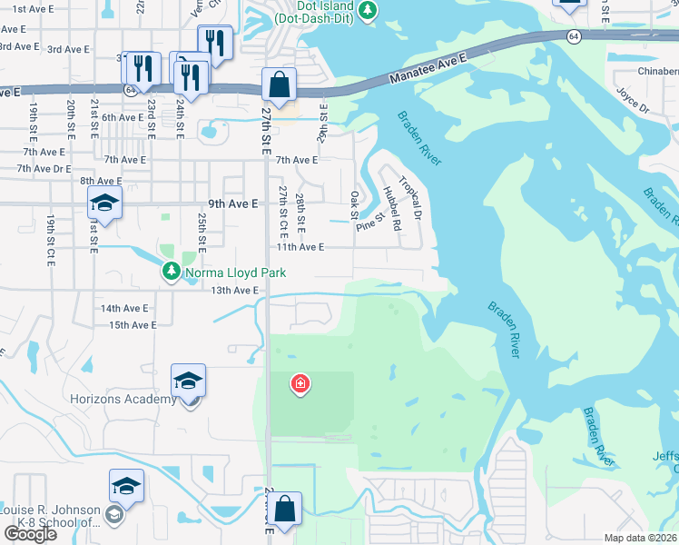 map of restaurants, bars, coffee shops, grocery stores, and more near 2906 11th Avenue East in Bradenton