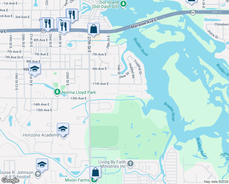 map of restaurants, bars, coffee shops, grocery stores, and more near 2906 11th Avenue East in Bradenton