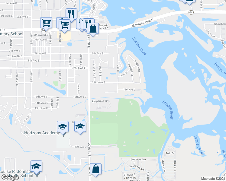 map of restaurants, bars, coffee shops, grocery stores, and more near 2906 11th Avenue East in Bradenton