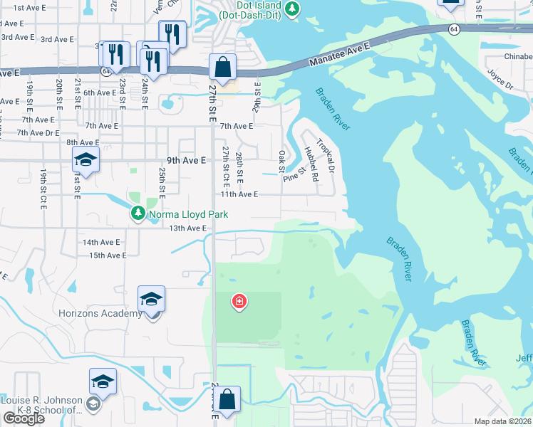 map of restaurants, bars, coffee shops, grocery stores, and more near 2906 11th Avenue East in Bradenton