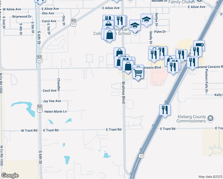 map of restaurants, bars, coffee shops, grocery stores, and more near 2801 Brahma Boulevard in Kingsville