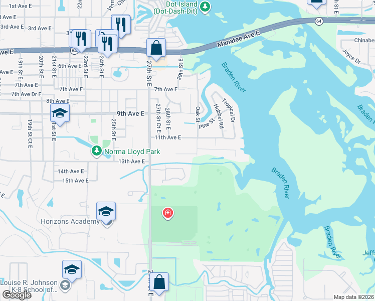 map of restaurants, bars, coffee shops, grocery stores, and more near 2906 11th Avenue East in Bradenton