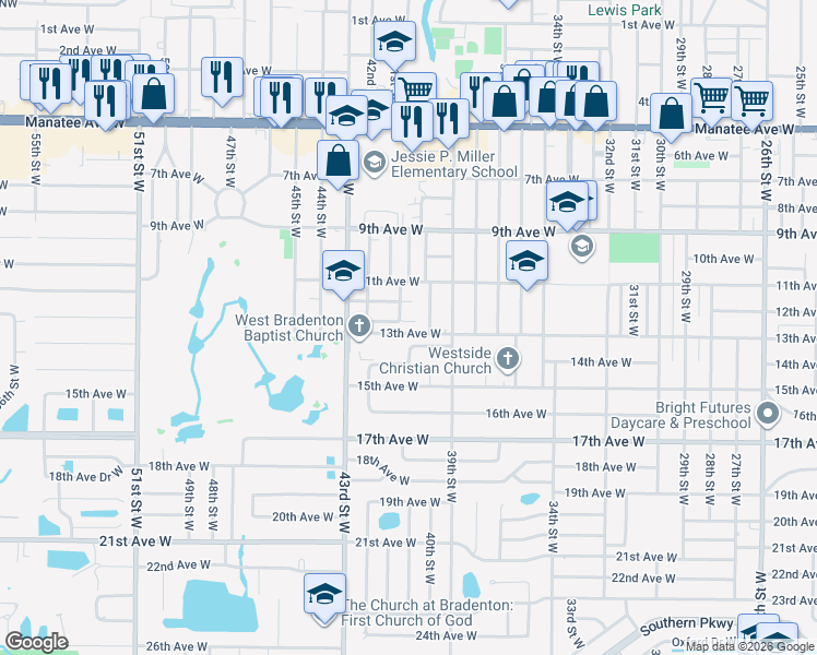 map of restaurants, bars, coffee shops, grocery stores, and more near 4024 13th Avenue West in Bradenton
