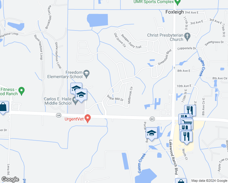map of restaurants, bars, coffee shops, grocery stores, and more near 1122 Millbrook Circle in Bradenton