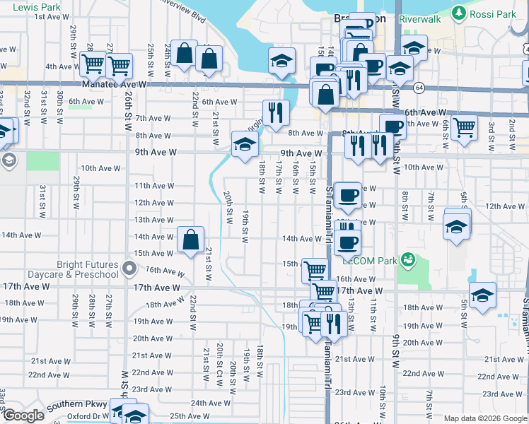 map of restaurants, bars, coffee shops, grocery stores, and more near 1204 18th Street West in Bradenton