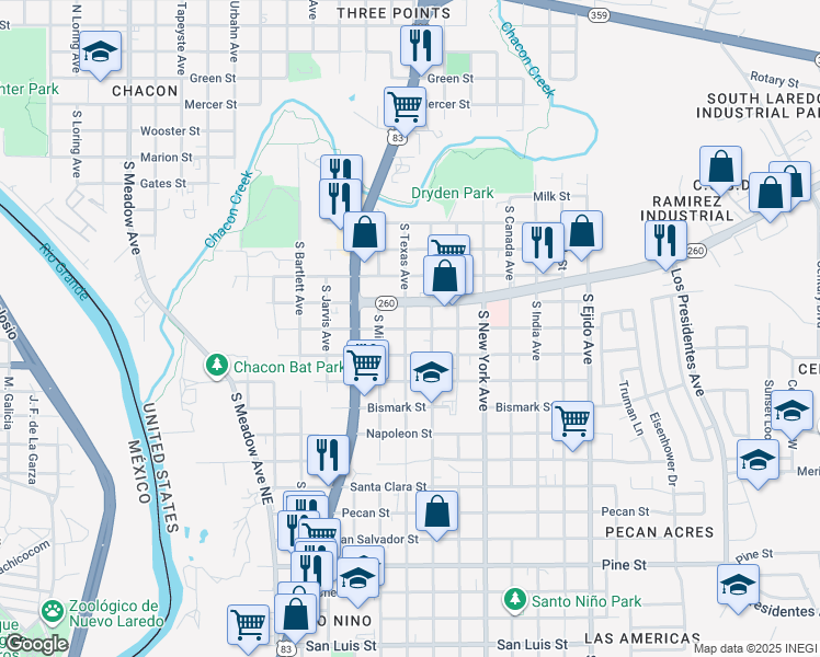 map of restaurants, bars, coffee shops, grocery stores, and more near 2602 Ligarde Street in Laredo