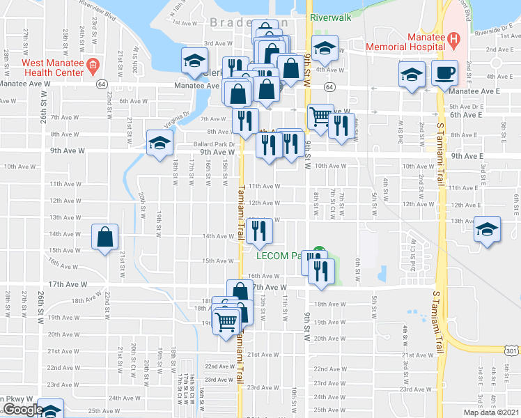 map of restaurants, bars, coffee shops, grocery stores, and more near 1219 12th Avenue West in Bradenton