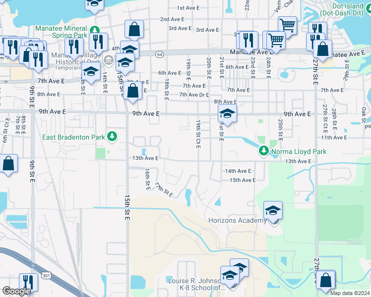 map of restaurants, bars, coffee shops, grocery stores, and more near 1831 13th Avenue East in Bradenton