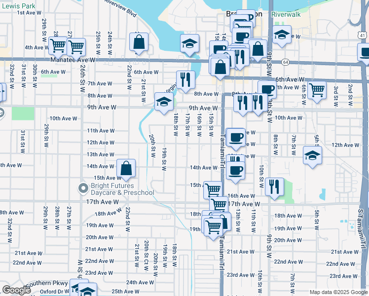 map of restaurants, bars, coffee shops, grocery stores, and more near 1613 12th Avenue West in Bradenton
