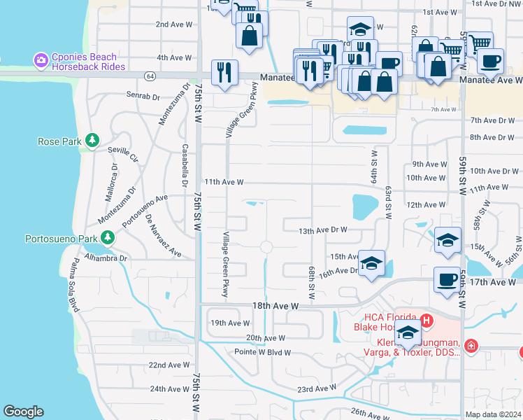 map of restaurants, bars, coffee shops, grocery stores, and more near 7204 13th Avenue West in Bradenton