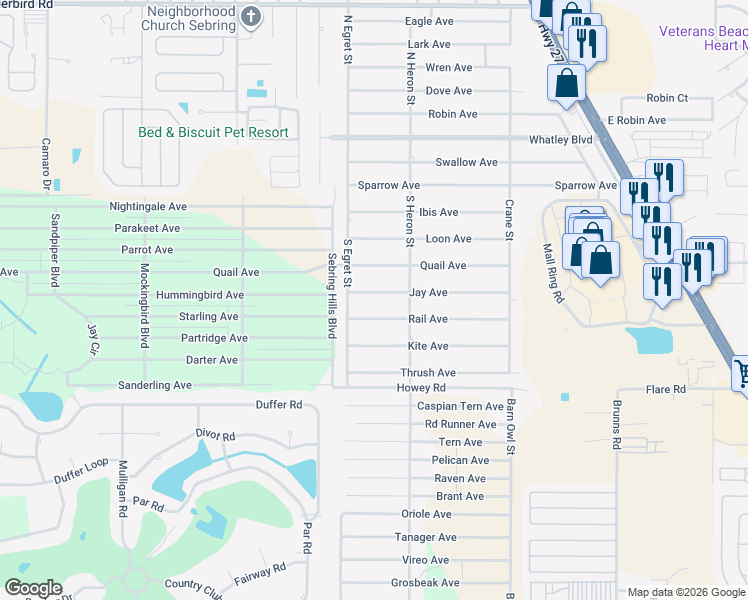 map of restaurants, bars, coffee shops, grocery stores, and more near 314 Jay Avenue in Sebring