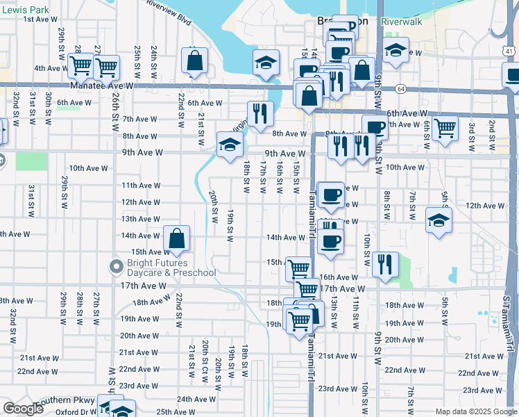 map of restaurants, bars, coffee shops, grocery stores, and more near 1613 12th Avenue West in Bradenton