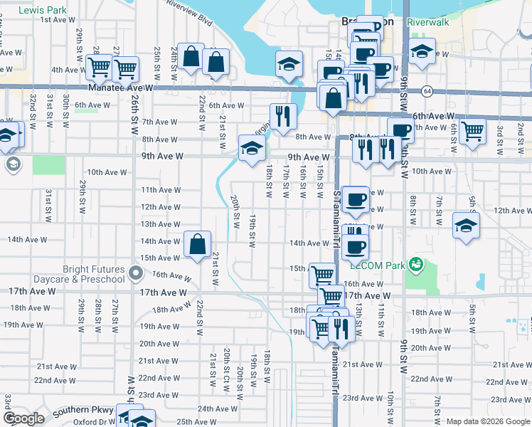 map of restaurants, bars, coffee shops, grocery stores, and more near 1204 18th Street West in Bradenton