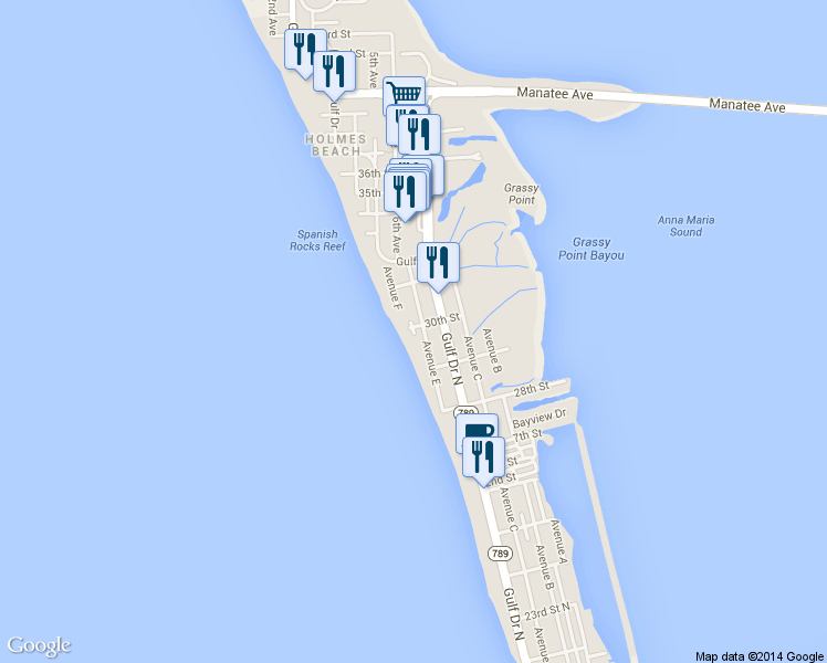 map of restaurants, bars, coffee shops, grocery stores, and more near 3002 Ave F in Holmes Beach
