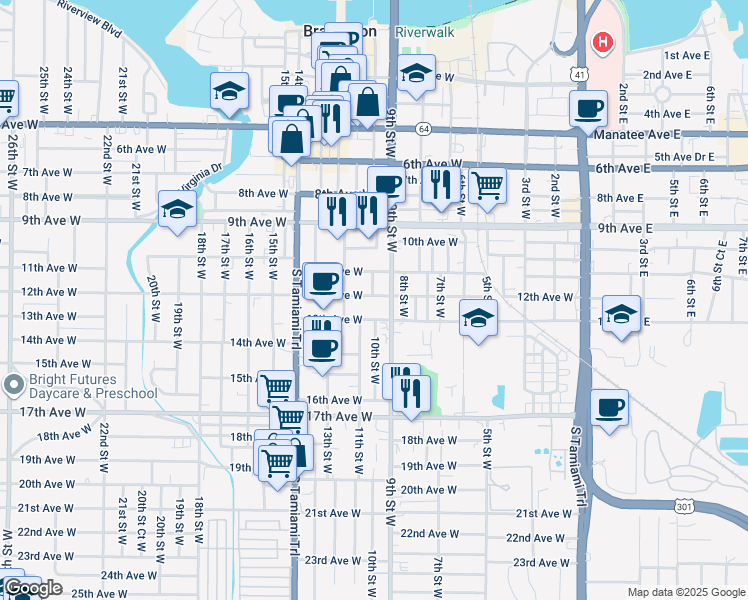 map of restaurants, bars, coffee shops, grocery stores, and more near 917 12th Avenue West in Bradenton