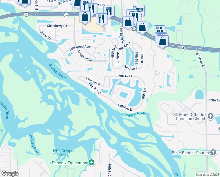 map of restaurants, bars, coffee shops, grocery stores, and more near 4866 11th Avenue Circle East in Bradenton