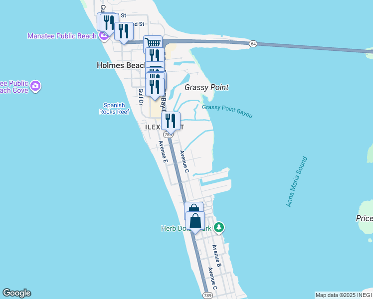 map of restaurants, bars, coffee shops, grocery stores, and more near 2911 Avenue C in Holmes Beach