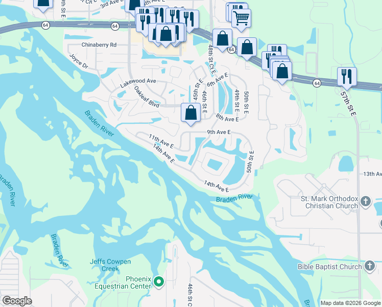 map of restaurants, bars, coffee shops, grocery stores, and more near 4866 11th Avenue Circle East in Bradenton