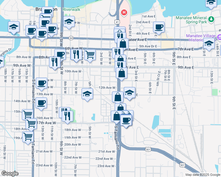 map of restaurants, bars, coffee shops, grocery stores, and more near 1120 2nd Street East in Bradenton