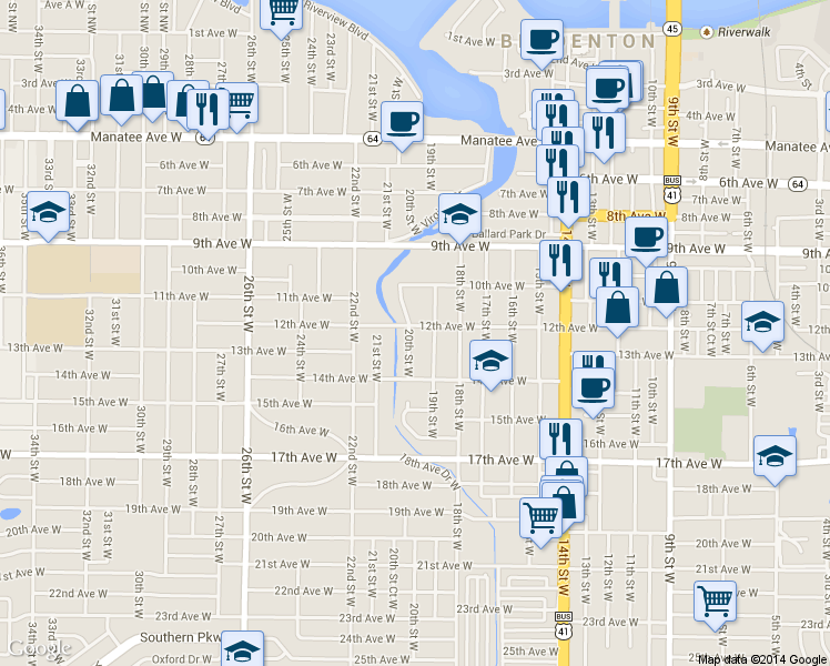 map of restaurants, bars, coffee shops, grocery stores, and more near 1919 12th Avenue West in Bradenton