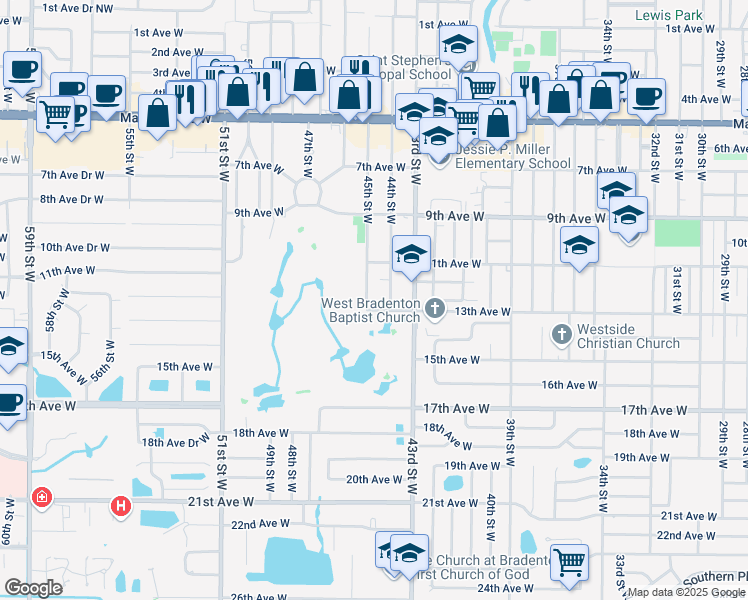map of restaurants, bars, coffee shops, grocery stores, and more near 1217 44th Street West in Bradenton