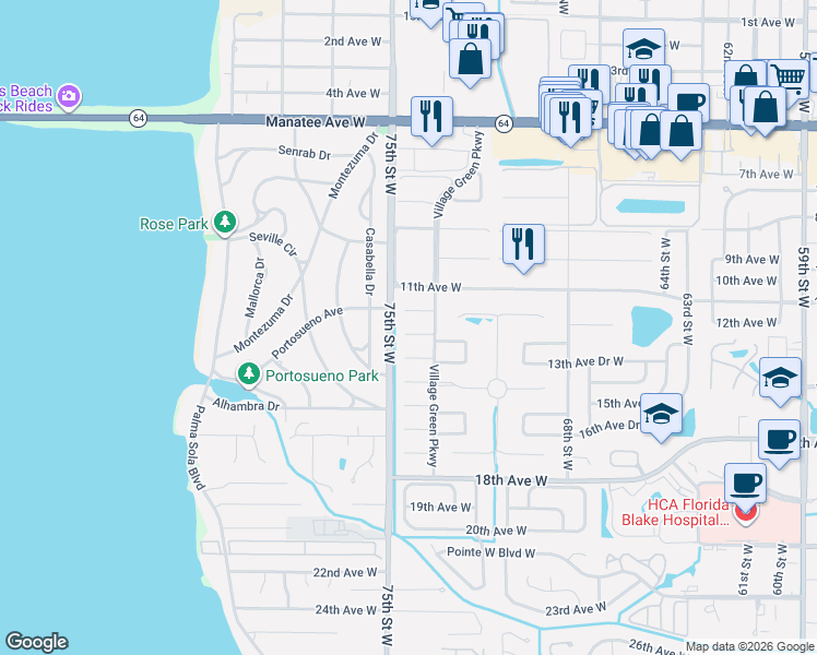 map of restaurants, bars, coffee shops, grocery stores, and more near 1235-1341 75th Street West in Bradenton