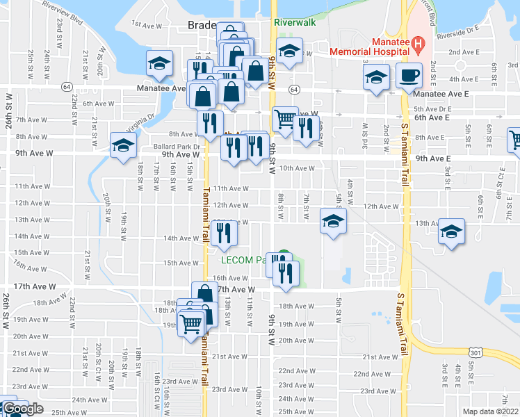 map of restaurants, bars, coffee shops, grocery stores, and more near 917 12th Avenue West in Bradenton