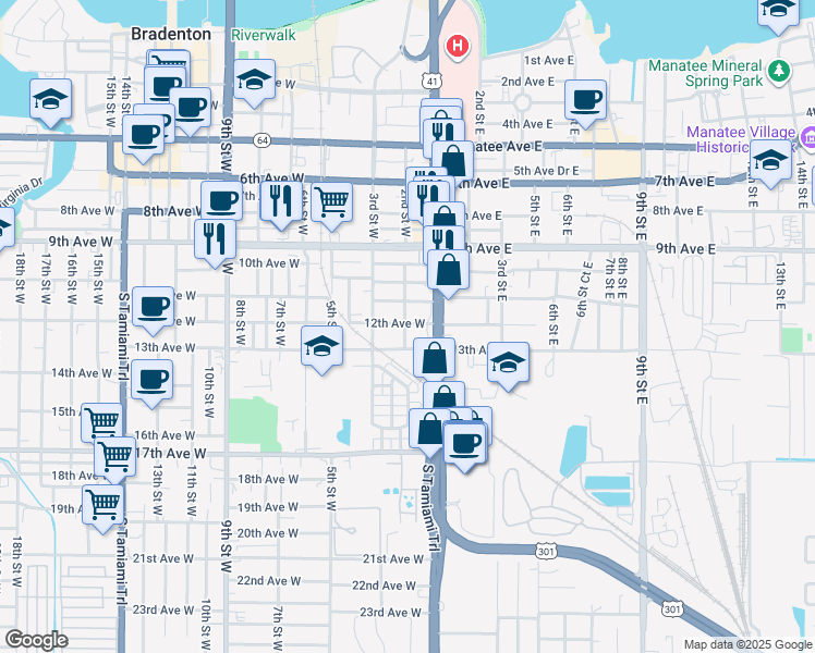 map of restaurants, bars, coffee shops, grocery stores, and more near 1120 2nd Street East in Bradenton