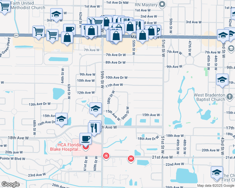 map of restaurants, bars, coffee shops, grocery stores, and more near 5705 12th Avenue West in Bradenton