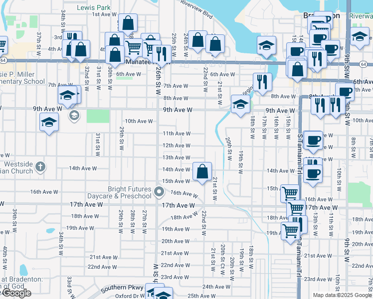 map of restaurants, bars, coffee shops, grocery stores, and more near 2401 12th Avenue West in Bradenton