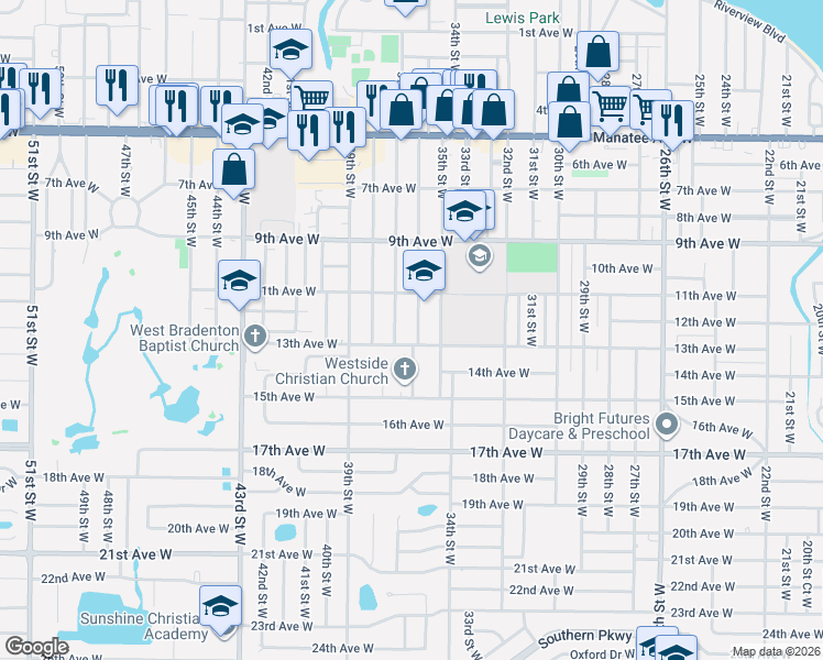 map of restaurants, bars, coffee shops, grocery stores, and more near 1216 36th Street West in Bradenton