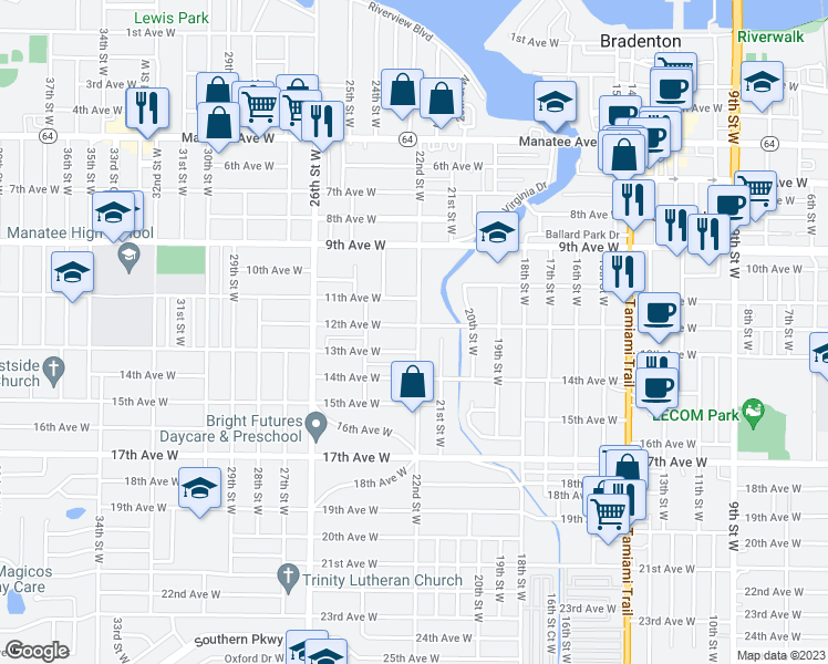 map of restaurants, bars, coffee shops, grocery stores, and more near 1202 22nd Street West in Bradenton