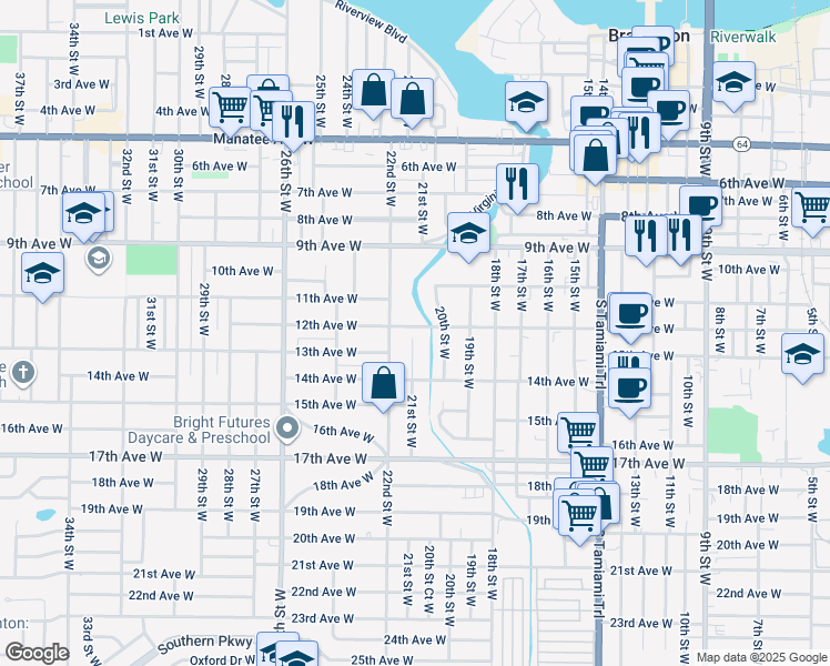 map of restaurants, bars, coffee shops, grocery stores, and more near 2103 12th Avenue West in Bradenton