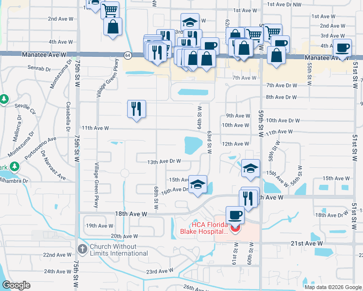 map of restaurants, bars, coffee shops, grocery stores, and more near 6412 13th Avenue West in Bradenton